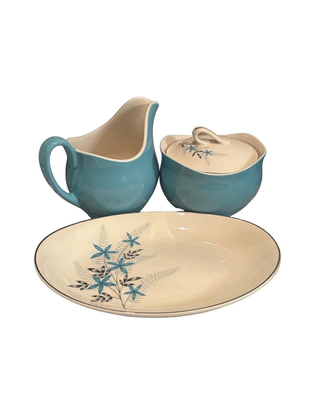Vintage Johnson Brothers Blue Fern Serving Set MCM Creamer Sugar Platter